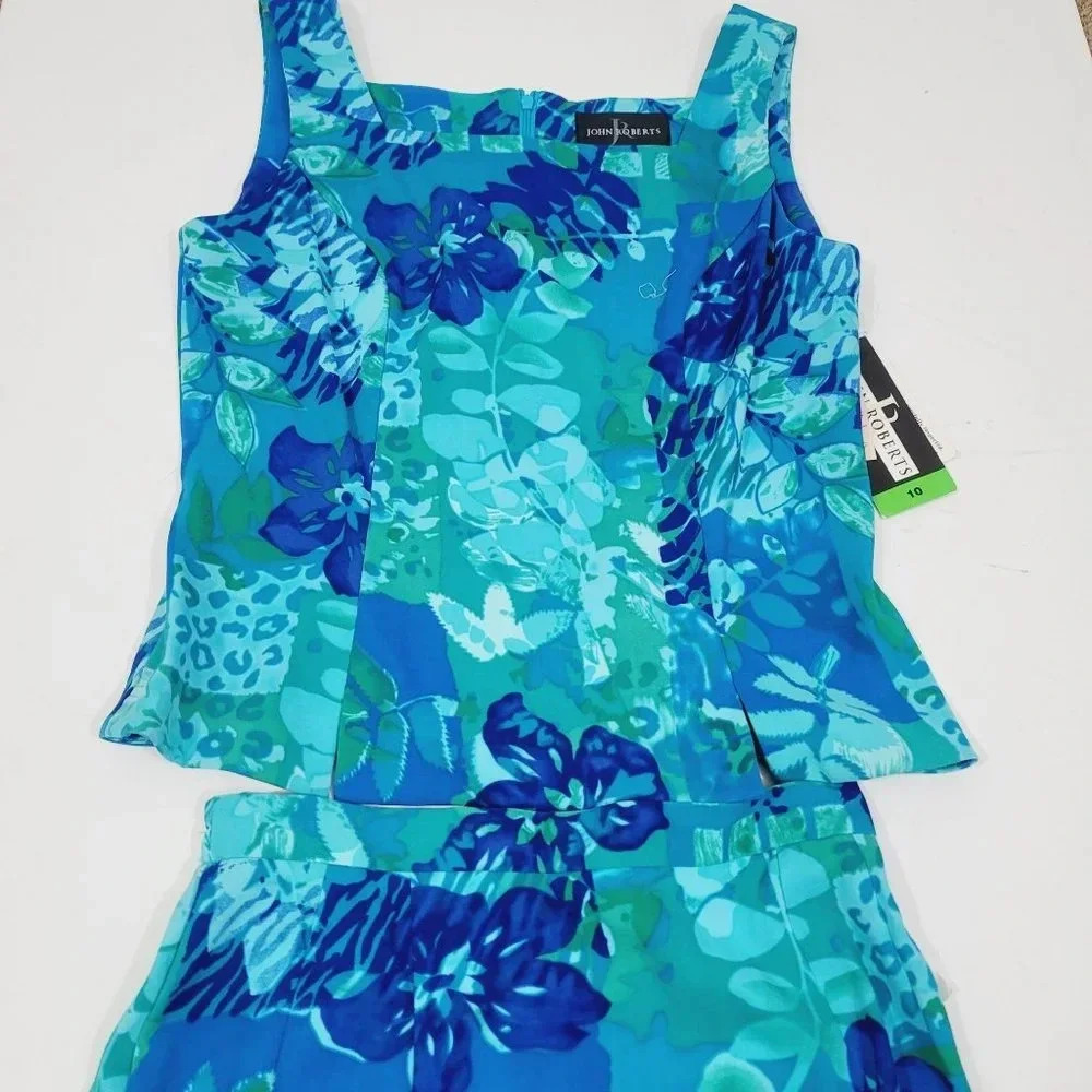 John Roberts Women's Floral Print Top & Skirt Set Sleeveless Blue Size 10 NWT